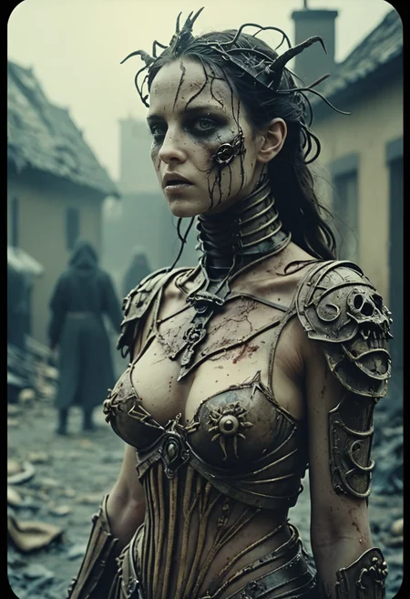 detailed eyes, the female embodyment of Plague harbinger of the apocalypse, realistic, surreal, ethereal, grainy film, 35mm photo