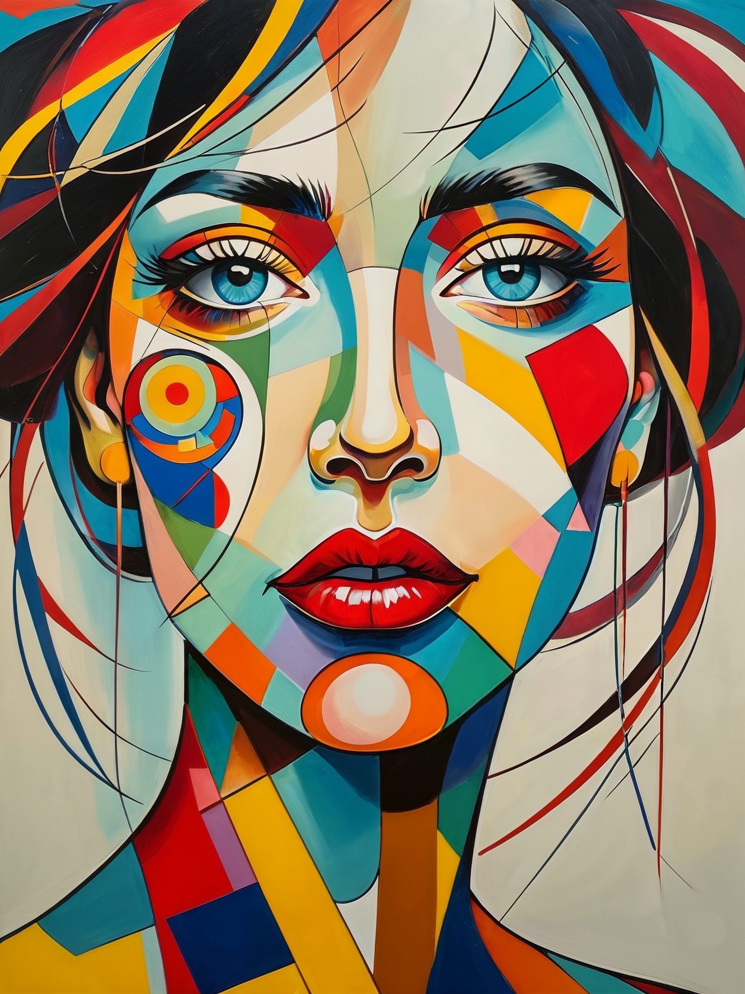 award winning abstract female portrait, 

Create a new style of art, one that merges the distinctive aesthetic styles of Wassily Kandinsky and Pablo Picasso,
