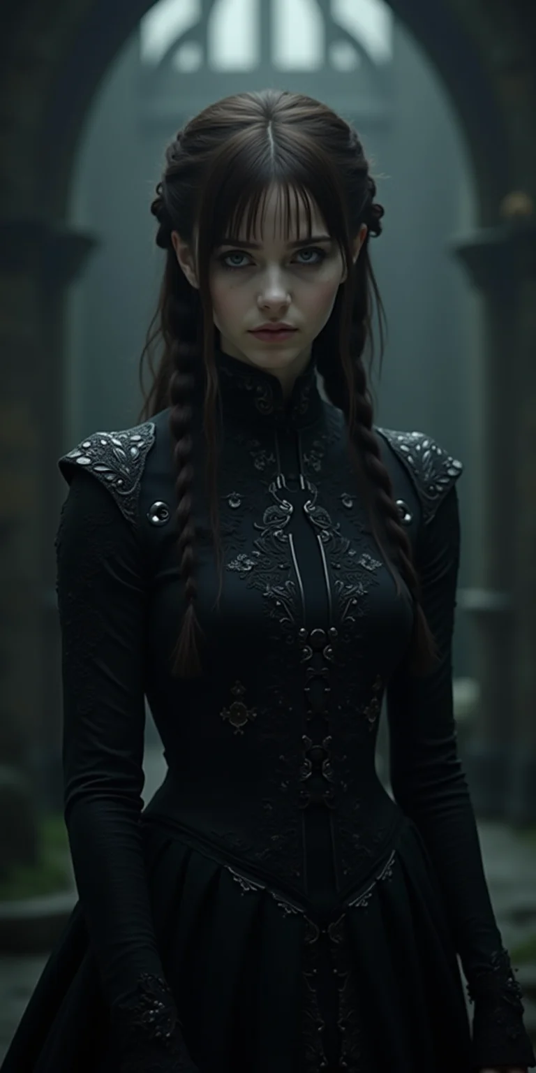 Design an image of Sansa Stark from Game of Thrones reimagined with a melancholic or emo aesthetic, under the name 'Sadie Stark.' She is dressed in dark, gothic-style clothing, such as a black, intricately detailed gown with silver accents, and her hair is styled in an emo-inspired look with long, dark fringes. Her makeup features dark eyeliner and subtle, somber tones. Sansa’s expression is one of deep sorrow and introspection, reflecting a poignant, emotional depth. The background is a dimly lit, gothic version of the Stark castle, with muted colors and a somber, atmospheric ambiance. The overall scene combines the elegance of Sansa Stark with a brooding, emo style, capturing a sense of melancholy and introspection.