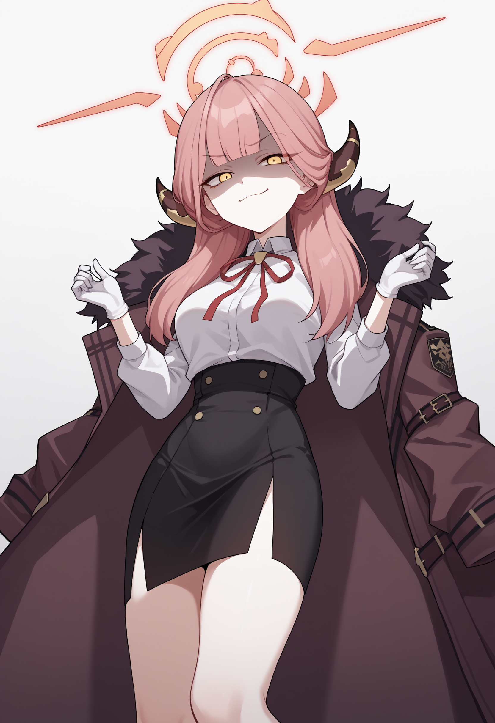 score_9, score_8_up, score_7_up, source_anime, radef, yellow eyes, pink hair, blunt bangs, horns, halo, neck ribbon, red ribbon, white shirt, long sleeves, coat on shoulders, fur-trimmed coat, gloves, white gloves, black skirt, high-waist skirt, pencil skirt, breasts, smug, closed mouth, shaded face<lora:RikuhachimaAruPonyXLv6-20:1>