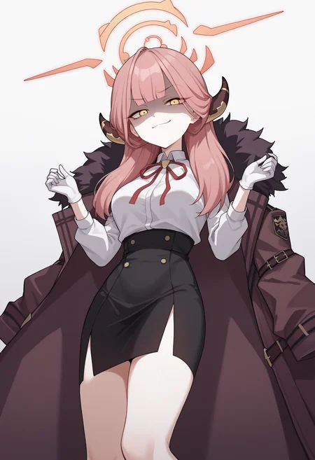 score_9, score_8_up, score_7_up, source_anime, radef, yellow eyes, pink hair, blunt bangs, horns, halo, neck ribbon, red ribbon, white shirt, long sleeves, coat on shoulders, fur-trimmed coat, gloves, white gloves, black skirt, high-waist skirt, pencil skirt, breasts, smug, closed mouth, shaded face<lora:RikuhachimaAruPonyXLv6-20:1>