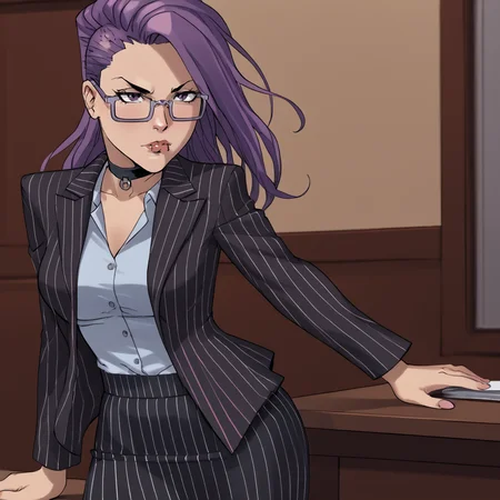 <lora:VampbladePurple_pony_v1:1>KatiePurple, 1girl, purple hair, long hair,  medium breasts, cowboy shot,  <lora:0856 OL professional suit skirt 1_v1_pony:1> ruanyi0856,striped jacket,choker,black pantyhose,striped skirt,glasses,black skirt,pinstripe pattern