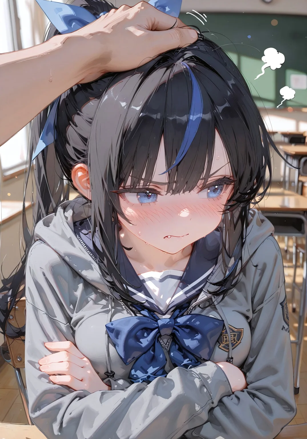 ((head pat,male pov,crossed arms,looking at side, embarrassed,tsundere:1.5))

((1 girl,black hair,long hair, ponytail,blue eyes, medium breast,bow hair tie,blue streak hair,sailor school uniform,grey hoodie,fang,cute:1,4))

(Classroom:1.5)

(dynamic pose),(dynamic angle),(background Bokeh),(background blur)

748cmstyle,Smooth_Quality,amazing quality, ((aesthetic:1.3)),((4k,8k,Ultra HD)),((Masterpiece :1.2)),((Best quality :1.2)),((Detailed :1.5)),((Detailed background :1.5))