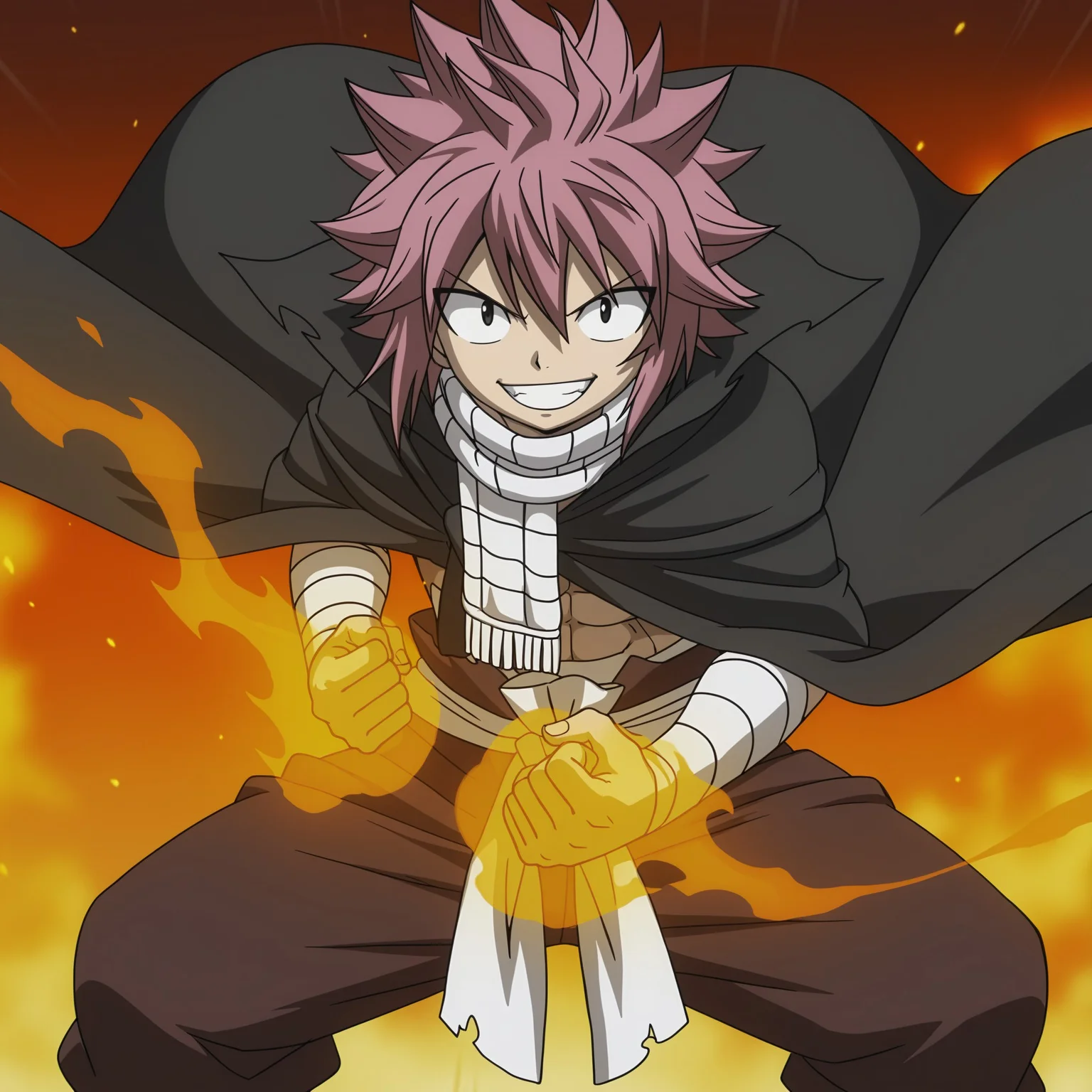 masterpiece, best quality, amazing quality,(masterpiece, best quality, absurdres, detailed,perfect quality, amazing quality, newest, ultra-detailed:1.2), extremely detailed, distortion-free, illustration, (smooth lines,),1man , solo, natsu Dragneel, spiked hair,medium hair, bangs, hair between the eyes, onyx eyes, pink hair,muscular_body, shinny body, shinny skin, anime screencap, anime coloring,white_scarf, bandages, cloak, white_sash,brown_pants, black_cape,hood, fighting stance, fire magic, smiling, looking at the viewer,, <lora:fee177c7-4bec-4fe0-ba18-5056ebecc1fa:0.7>