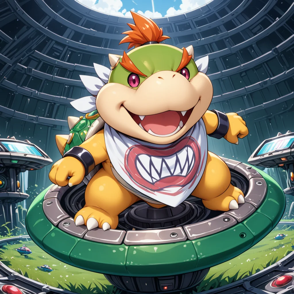 high angle shot,  <lora:Bowser_Jr_XL:.7> bwsrjr, open mouth, teeth, standing on green cup ufo spiked, (anime, masterpiece, intricate:1.3), (best quality, hires textures, high detail:1.2), (4k),(incredibly detailed:1.4),UHD, 8K, ultra detailedâââ