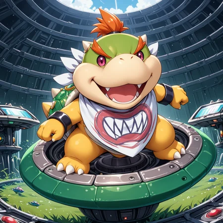 high angle shot,  <lora:Bowser_Jr_XL:.7> bwsrjr, open mouth, teeth, standing on green cup ufo spiked, (anime, masterpiece, intricate:1.3), (best quality, hires textures, high detail:1.2), (4k),(incredibly detailed:1.4),UHD, 8K, ultra detailedâââ