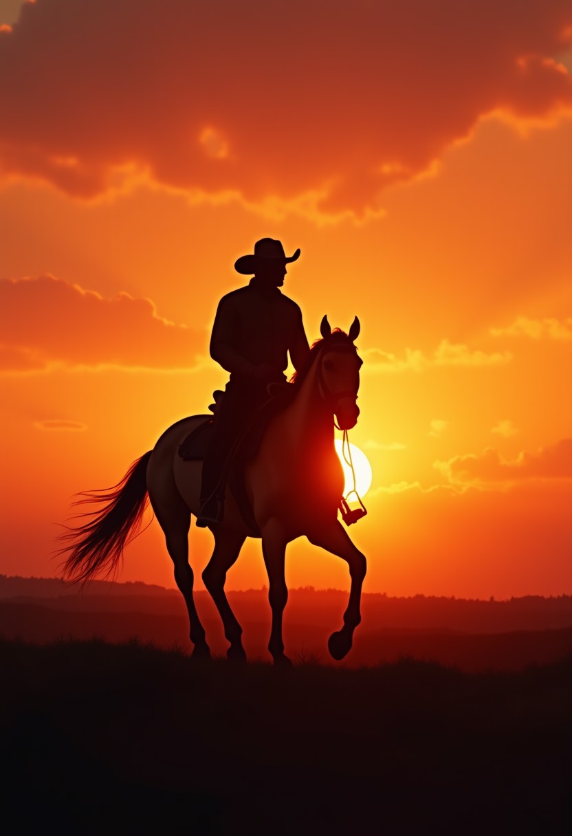 silhouette of a cowboy riding into the sunset, c4d, dreamy and optimistic, vibrant sky,