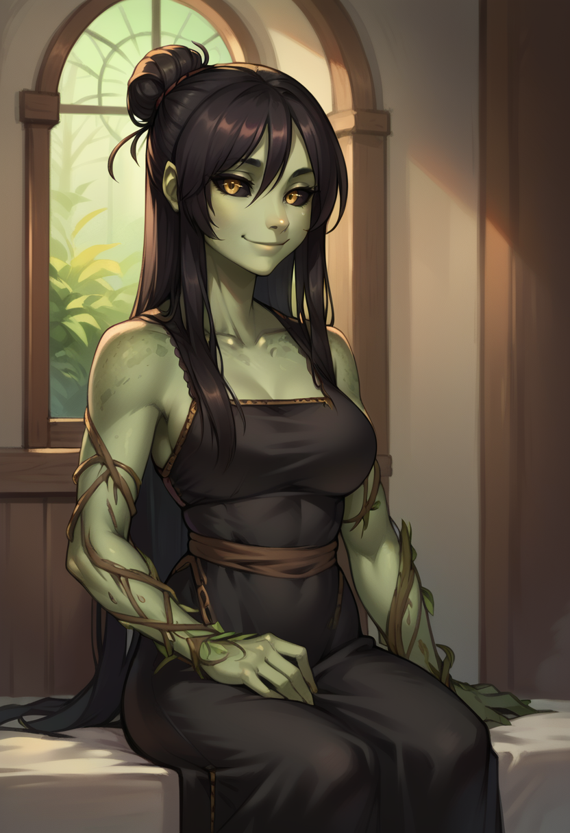 score_9, score_8_up, score_7_up, 1girl, solo, long hair, black hair, green skin, black sclera, monster girl, covered in vines, yellow eyes, hair bun,
indoors, black long dress, half body, smiling, sitting, relaxed,
<lora:The_Lady_of_the_Forest_Dragon_Age_Origins:0.7>,   <lora:DioxidePDXL:1>