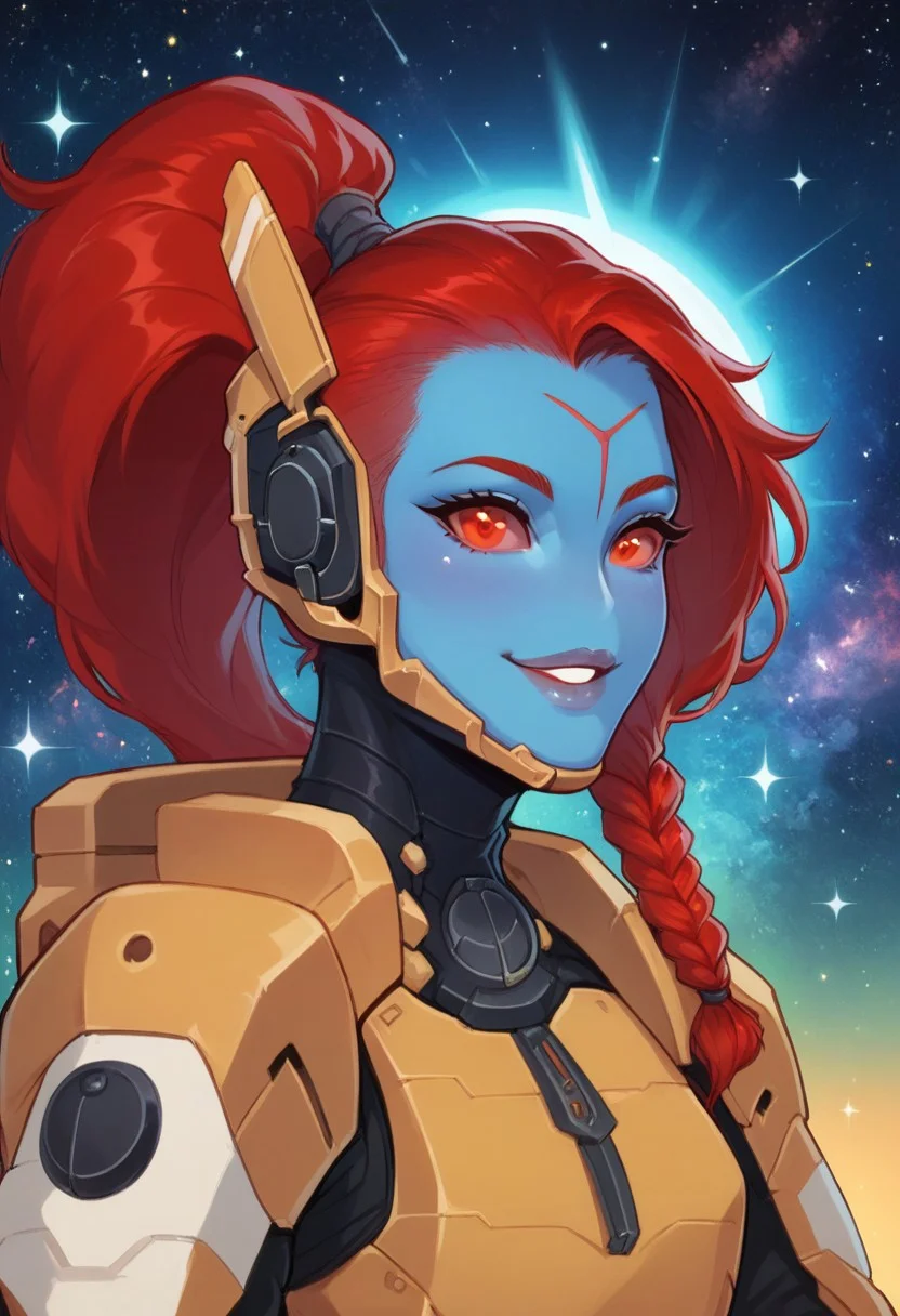 score_9, score_8_up, score_7_up, ultra quality, 1girl, tauxl, blue skin, red sclera, forehead mark, noseless, no mostrils, parted lips, ponytail, braid, red hair, headset, sci-fi armor, yellow armor, covered collarbone, upper body, looking at viewer, smile, space background, nebula, window, detailed background