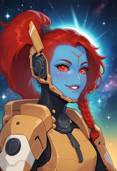 score_9, score_8_up, score_7_up, ultra quality, 1girl, tauxl, blue skin, red sclera, forehead mark, noseless, no mostrils, parted lips, ponytail, braid, red hair, headset, sci-fi armor, yellow armor, covered collarbone, upper body, looking at viewer, smile, space background, nebula, window, detailed background