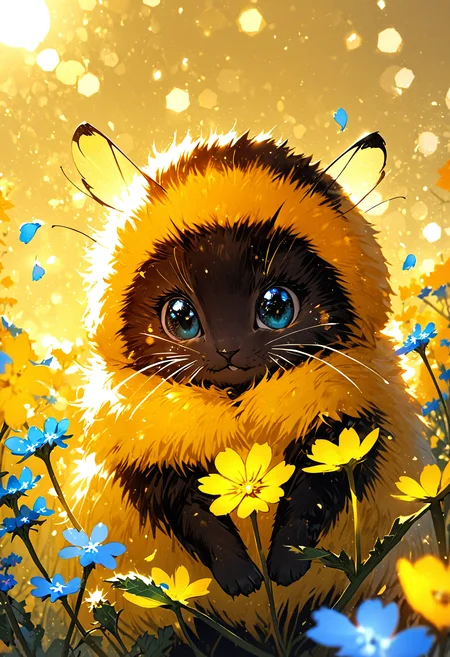 Exquisite macro photography closeup of an adorable caricature of a tiny bumble bee with the head of a black kitten, its whiskers twitching with excitement, buzzing over a bed of vibrant, turquoise-hued catnip flowers, showcasing a whimsical, dreamlike atmosphere, with soft, warm golden lighting, and intricate details of fur and petals, against a blurred, creamy yellow background, with a touch of subtle bokeh, emphasizing the playful, fantastical fusion of two beloved creatures.
OverallDetailXL <lora:MJ52:0.3>  <lora:EpicF4nta5yXL:0.7>