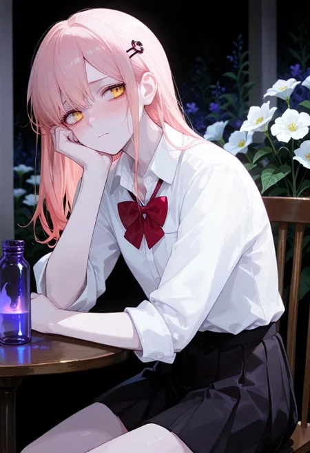 masterpiece, best quality, very aesthetic, high resolution, ultra-detailed, absurdres, newest, volumetric lighting, depth of field, vivid colors, 1girl, solo, ((skinny)), [pale skin], narrow shoulders, pink hair, long hair, yellow eyes, gradient eyes, white shirt, black jacket, partially unbuttoned, tucked shirt, black pleated skirt, red bowtie, cute hairpin, sitting, head on hand, arm rest, elbow rest, on chair, nervous, blush, looking to the side, indoors, purple glowing bottle, glass, flower background,