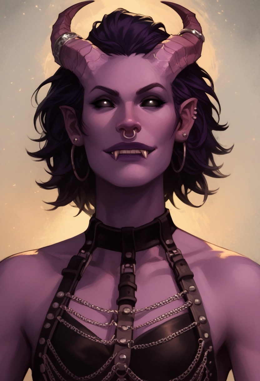 score_9, score_8_up, score_8_up, 1girl, sexy, tiefling, purple skin, short straight horns, flat chest, dark purple hair, elegant hair, ear piercings, nose ring, black eyes, black sclera, purple lips, fangs, slender, leather bra, studded straps, well lit, ((dynamic lighting)), pov, chain harness, horn rings, purple shoulder scales, waist up view, hyper skinny, smirking, dynamic pose