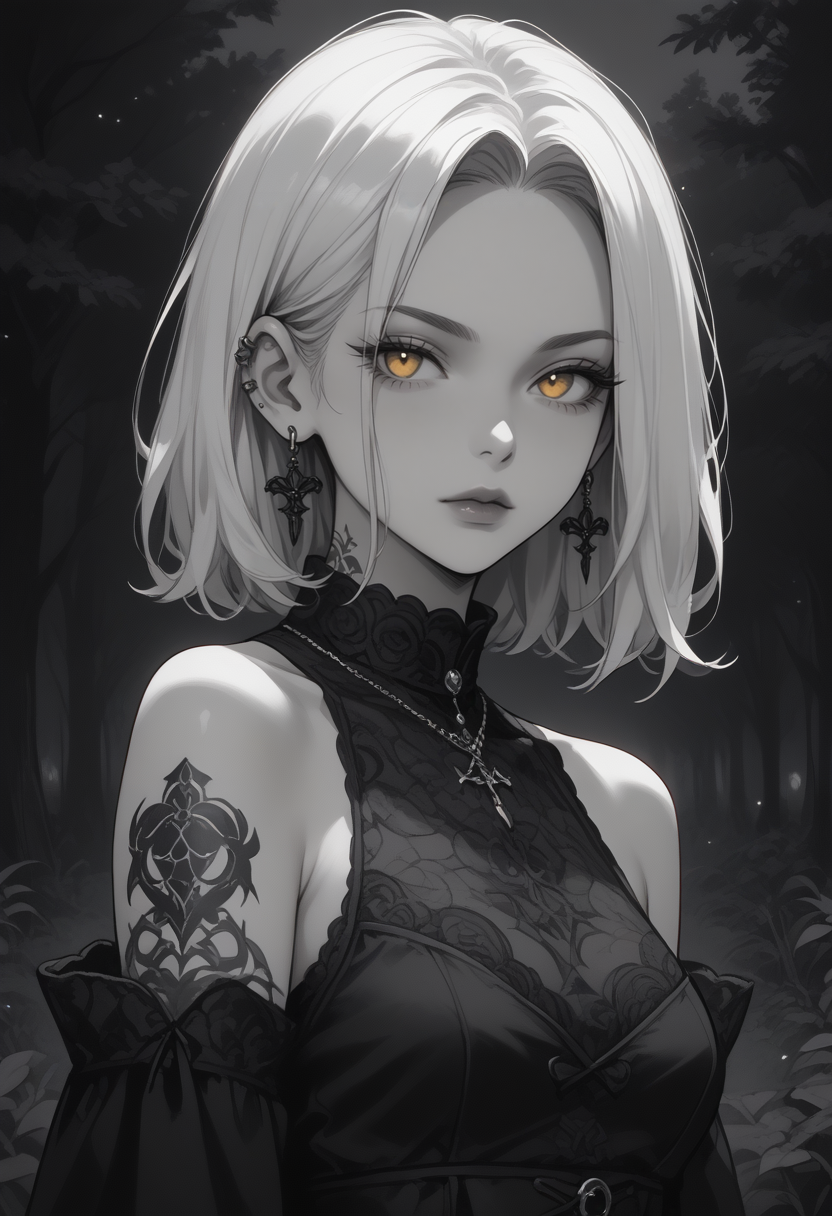zPDXL3, score_9, score_8_up, score_7_up, (black and white), monochrome, 2d, source_anime,  1girl, yellow eyes, medium hair,  medium breast, (straight hair), bare shoulders, gothic outfit, tattoo, pale skin,  white hair, bobcut, cowboy shot, outside, night, trees, ear piercing, <lora:add-detail-xl:0.4> , <lora:[GP] somethingweird [Pony XL]:0.2>, <lora:g0th1cPXL:0.3>, <lora:st4t1ctvXLP:0.8> , <lora:Goth_girl_XL-v2:0.8>,