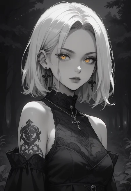 zPDXL3, score_9, score_8_up, score_7_up, (black and white), monochrome, 2d, source_anime,  1girl, yellow eyes, medium hair,  medium breast, (straight hair), bare shoulders, gothic outfit, tattoo, pale skin,  white hair, bobcut, cowboy shot, outside, night, trees, ear piercing, <lora:add-detail-xl:0.4> , <lora:[GP] somethingweird [Pony XL]:0.2>, <lora:g0th1cPXL:0.3>, <lora:st4t1ctvXLP:0.8> , <lora:Goth_girl_XL-v2:0.8>,
