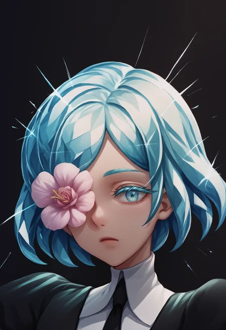 score_9, score_8_up, score_7_up, source_anime, flower over eye, one eye covered, <lora:FlowerOverEye_XLPD:1>, upper body, <lora:Hoseki_HousekiNoKuni_Diamond_PDXL_v1:0.8> hskdmnd, crystal hair, colored eyelashes, multicolored hair, short hair, black shirt, puffy short sleeves, collared shirt, black necktie, elbow gloves, <lora:CrystalHair_XLPD:1> incrsxlcrystalhair, shiny hair