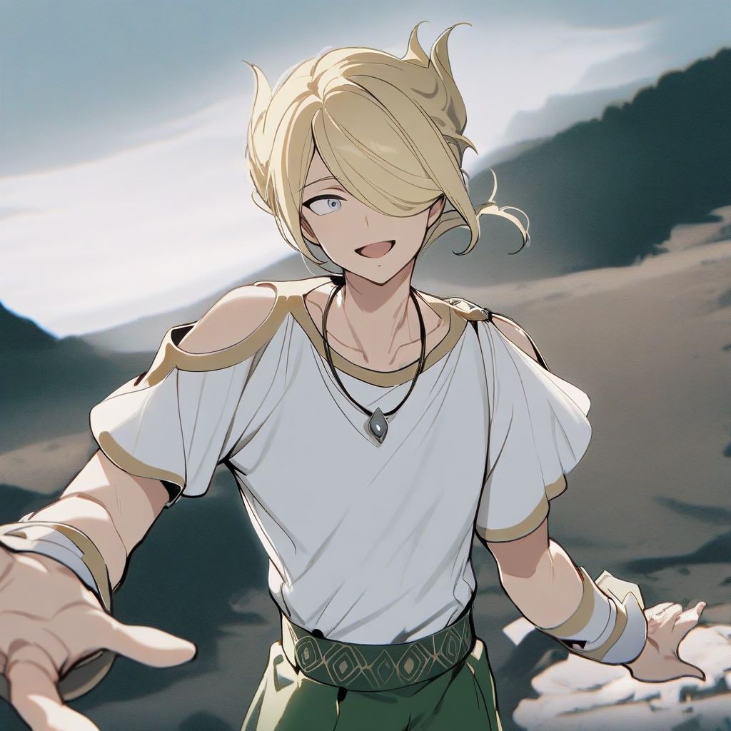 solo, 1boy, male focus, blonde hair, grey eyes, hair over one eye, VoloSinnoh, floating hair, white shirt, wrist cuffs, green pants, shoulder cutout, necklace, smile, masterpiece, best quality, outdoors, open mouth