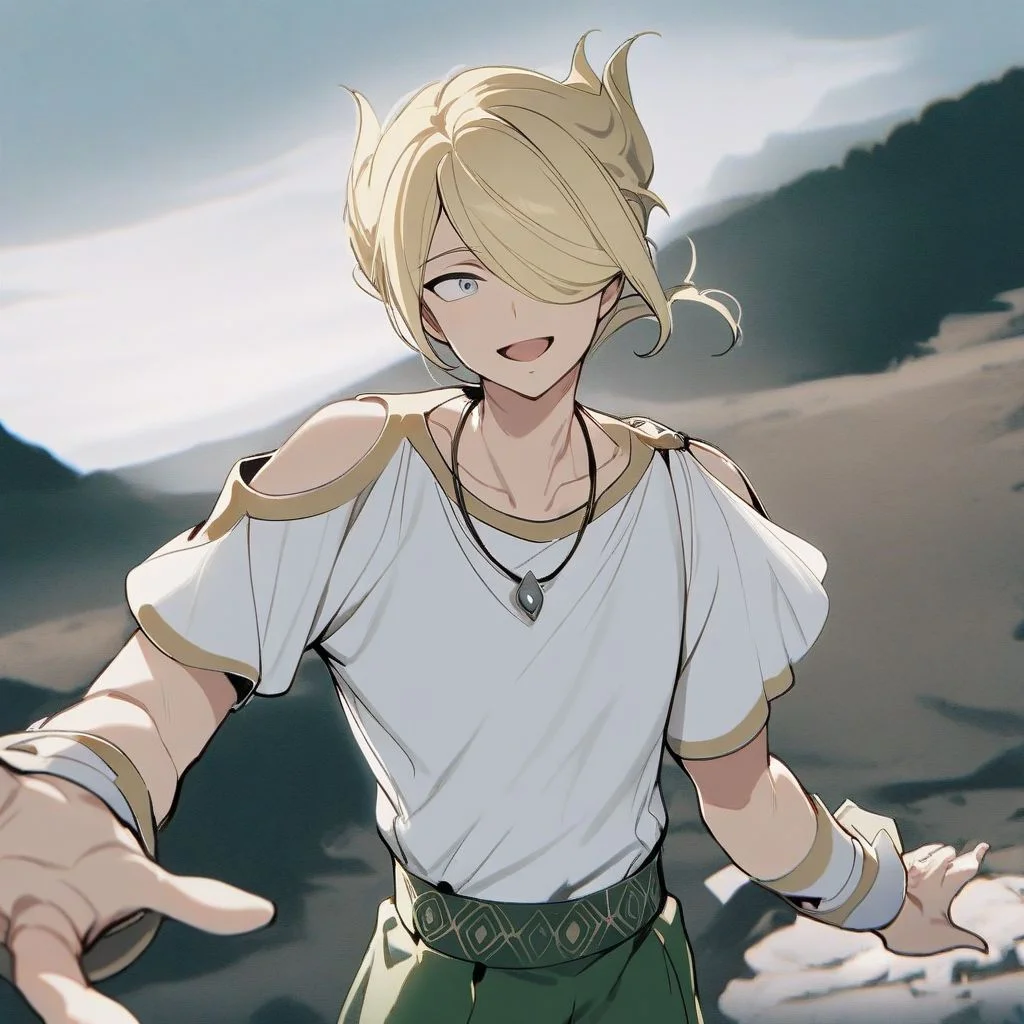 solo, 1boy, male focus, blonde hair, grey eyes, hair over one eye, VoloSinnoh, floating hair, white shirt, wrist cuffs, green pants, shoulder cutout, necklace, smile, masterpiece, best quality, outdoors, open mouth