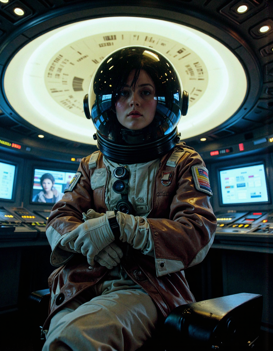 nostromo style woman wearing spacesuitstyled by Tom Ford, space helmet, jumbotron, ceiling decoration, control panels, buttons, switches, lights, science fiction, horror,
extremely detailed, sharp focus, sharp
