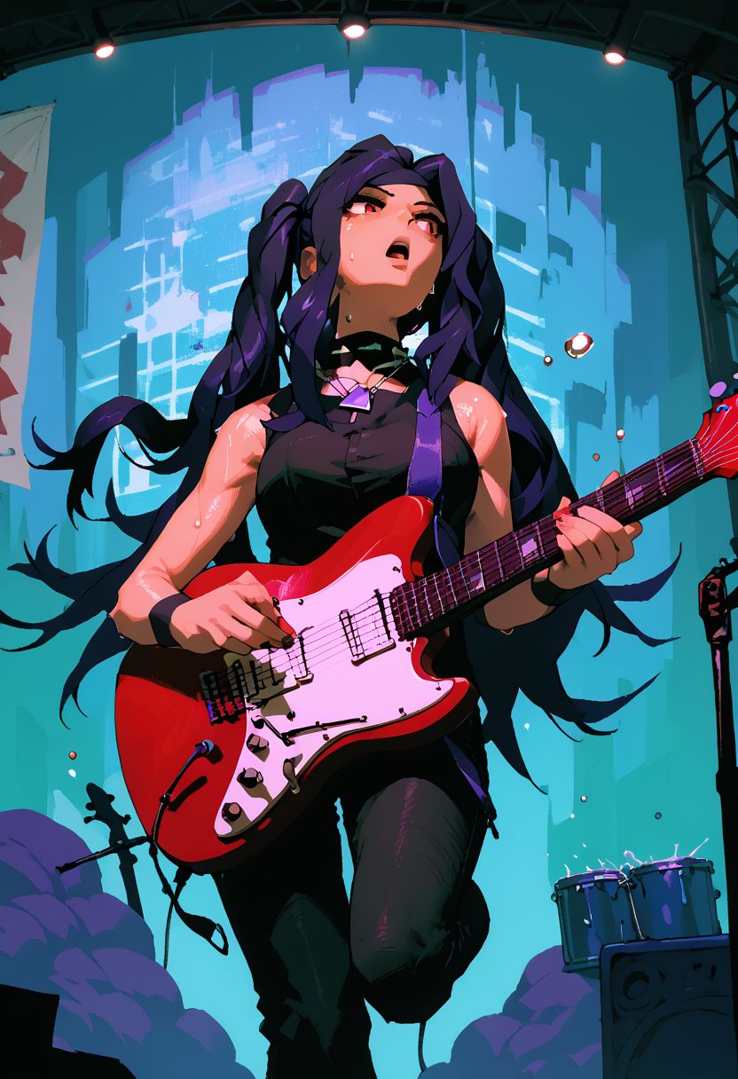 score_9, score_8_up, score_7_up, score_6_up, jill stingray, 1girl, red eyes, twintails, solo, holding guitar, playing the guitar, concentrating, passionate, serious, open mouth, black rocker tank top, dark purple leather pants, dark purple hair, from side, leaning forward, leg up, piercings, spikey leather belt, (sweat), silver necklace
BREAK,
concert, stage, stroboscope, stage lights, concert fire effects, water droplets in air,