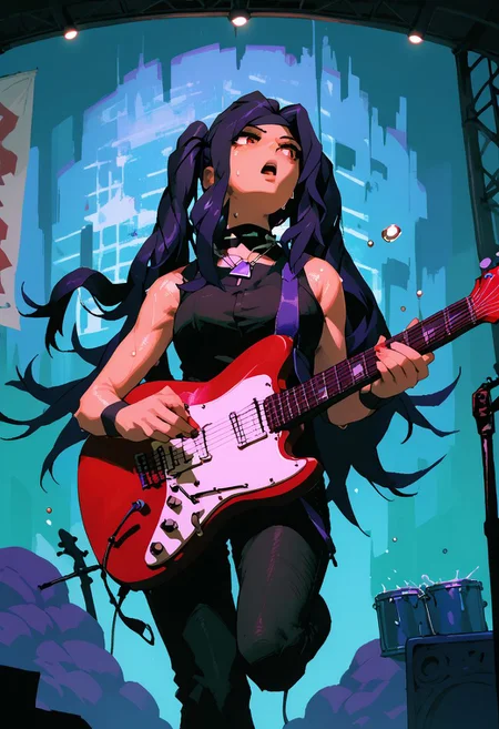 score_9, score_8_up, score_7_up, score_6_up, jill stingray, 1girl, red eyes, twintails, solo, holding guitar, playing the guitar, concentrating, passionate, serious, open mouth, black rocker tank top, dark purple leather pants, dark purple hair, from side, leaning forward, leg up, piercings, spikey leather belt, (sweat), silver necklace
BREAK,
concert, stage, stroboscope, stage lights, concert fire effects, water droplets in air,