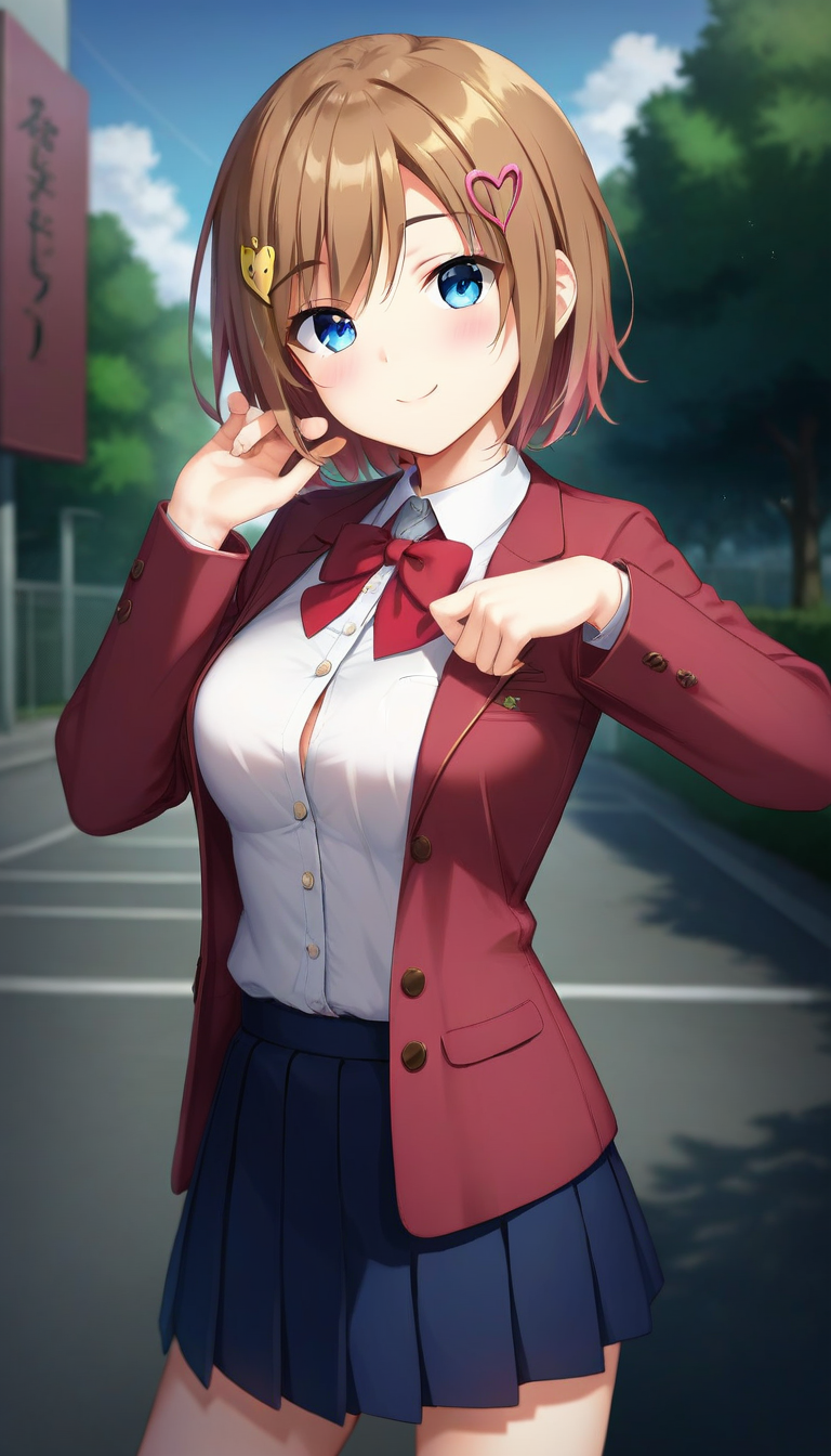 score_9,score_8_up,score_7_up,score_6_up BREAK official art,solo,outdoors,upper body,(portrait:1.5),looking at viewer,facing viewer,smile,blush,Wataya Rio,short hair,brown hair,heart hair ornament,hairclip,bangs,blue eyes,school uniform,red jacket,Blazer,white shirt,collared shirt,long sleeves,sleeves past wrists,medium breasts,blue skirt,pleated skirt,white socks,loafers,<lora:Wataya Rio(od)-Pony:1.2>,