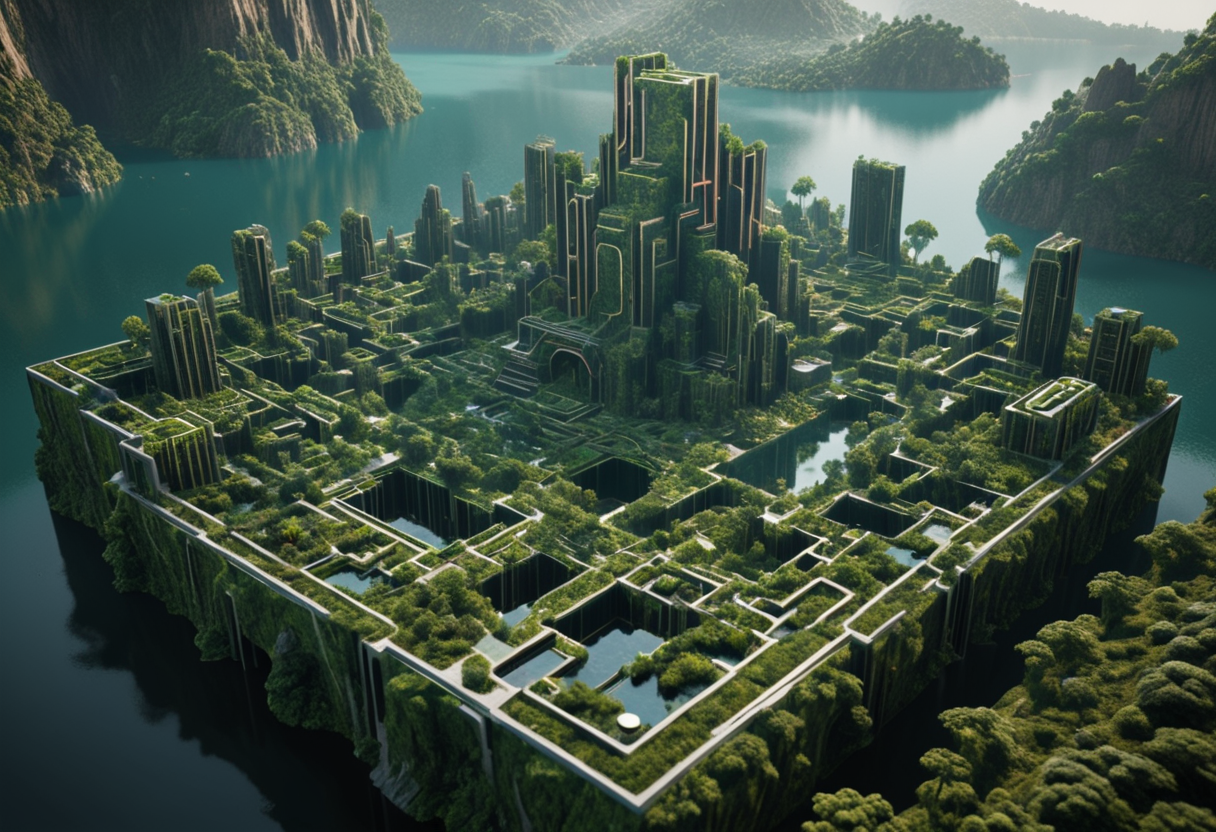 realistic, RAW photo, high quality, Stable_Yogis_PDXL_Positives, <lora:JJsArchiviz_Birdview_XL:0.1> Birdview of a huge <lora:Medieval_Worlds:0.8> mw01out, made of <lora:mo:0.6> made of glass, in <lora:- SDXL - vanta-black_contrast_V3.0:0.8>, <lora:Cyberpunk_Architecture_(Architecture)_(SDXL)_(AD):0.8> Cyberpunk Architecture vast city with maze,bright day light,<lora:3D_Waterfall:0.0> 3D W4t3rf4ll, cliff, lake, greenery, lush, plants, in , featuring