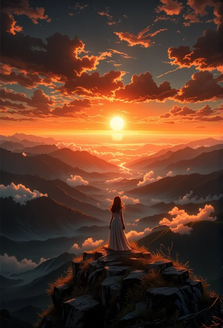 golden hour scene of a person standing alone on a mountain cliff. The scene captures the glow of the setting sun casting cool, soft shadows across the landscape, with clouds illuminated softly by the moon in the distance. The figure is wearing a flowing dress, adding a feeling of solitude to the image.} bv-stuanilan<lora:bv-stunning-anime-landscape-v1.safetensors:1.0:1.0>