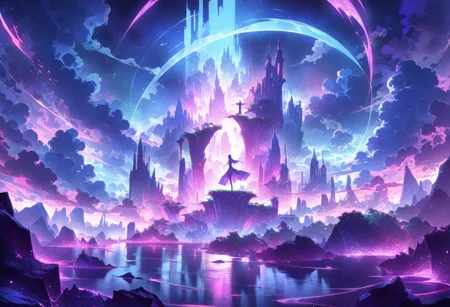 serene night, beautiful sky, dancing silhouette, Complex landscape, best quality, pastel colors, light blue tint, aesthetic Ethereal, Effulgent, Idyllic atmosphere,  Tranquil,  ethereal quality, cinematic volume, Twinkling lighting, glowing aura, global illumination,  glowneon, Anisotropic Filtering, Unrivaled Opus, Unconventional, hyper detailed, HDR,