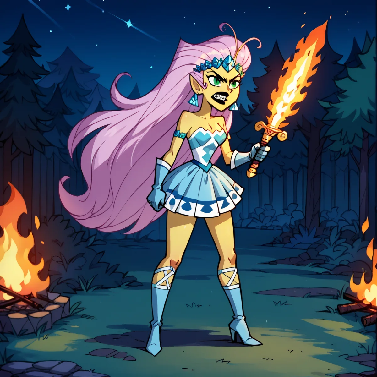 score_9, score_8_up, score_7_up, score_6_up, score_5_up, score_4_up, BREAK, <lora:Princess_Mandie:0.7>, princess mandie, 1girl, solo, gloves, dress, holding, jewelry, weapon, earrings, boots, teeth, sword, holding weapon, high heels, holding sword, fire, sharp teeth, pink hair, long hair, black lips, green eyes, pointy ears, yellow skin, outdoors, night time, <lora:RealisticAnime:1>