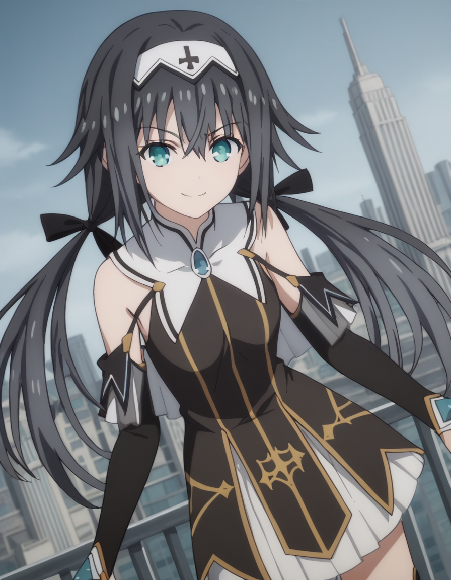 score_9, score_8_up, score_7_up, source_anime,
nibelcole,  <lora:nibelcole-s4s5-ponyxl-lora-nochekaiser:1>,
nibelcole, long hair, blue eyes, black hair, hair between eyes, twintails, very long hair, hairband, low twintails, white hairband,
skirt, detached sleeves, sleeveless, white skirt, black sleeves,
cityscape, bent over, smile,
looking at viewer, solo, cowboy shot, dutch angle,