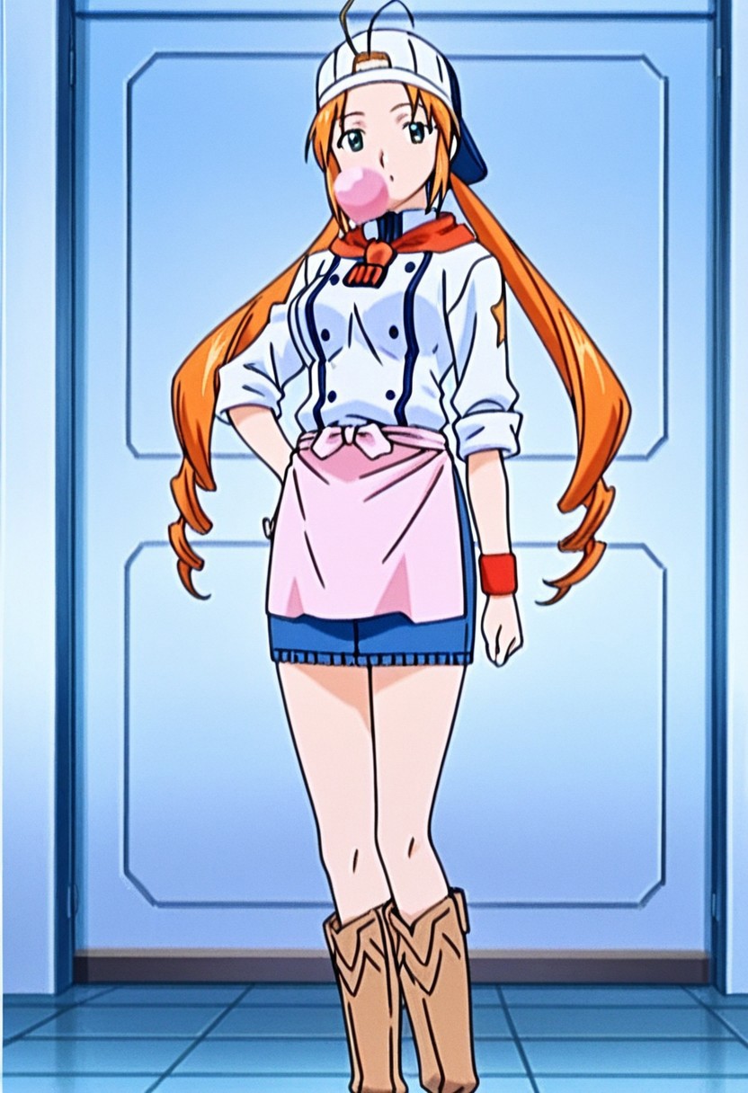 best quality, masterpiece, anime screencap, anime coloring, ultra detailed, source_anime, intricate details, perfect anatomy, looking at viewer, from front,
monica, 1girl, solo, long hair, ahoge, antenna hair, orange hair, drill hair, twintails, forehead,
chef, apron, confetti, wristband, skirt, waist apron, denim skirt, miniskirt, pencil skirt, sleeves rolled up, baseball cap, tiles, buttons, uniform, scarf tie, backwards hat, boots,
chewing gum, bubble blowing,
