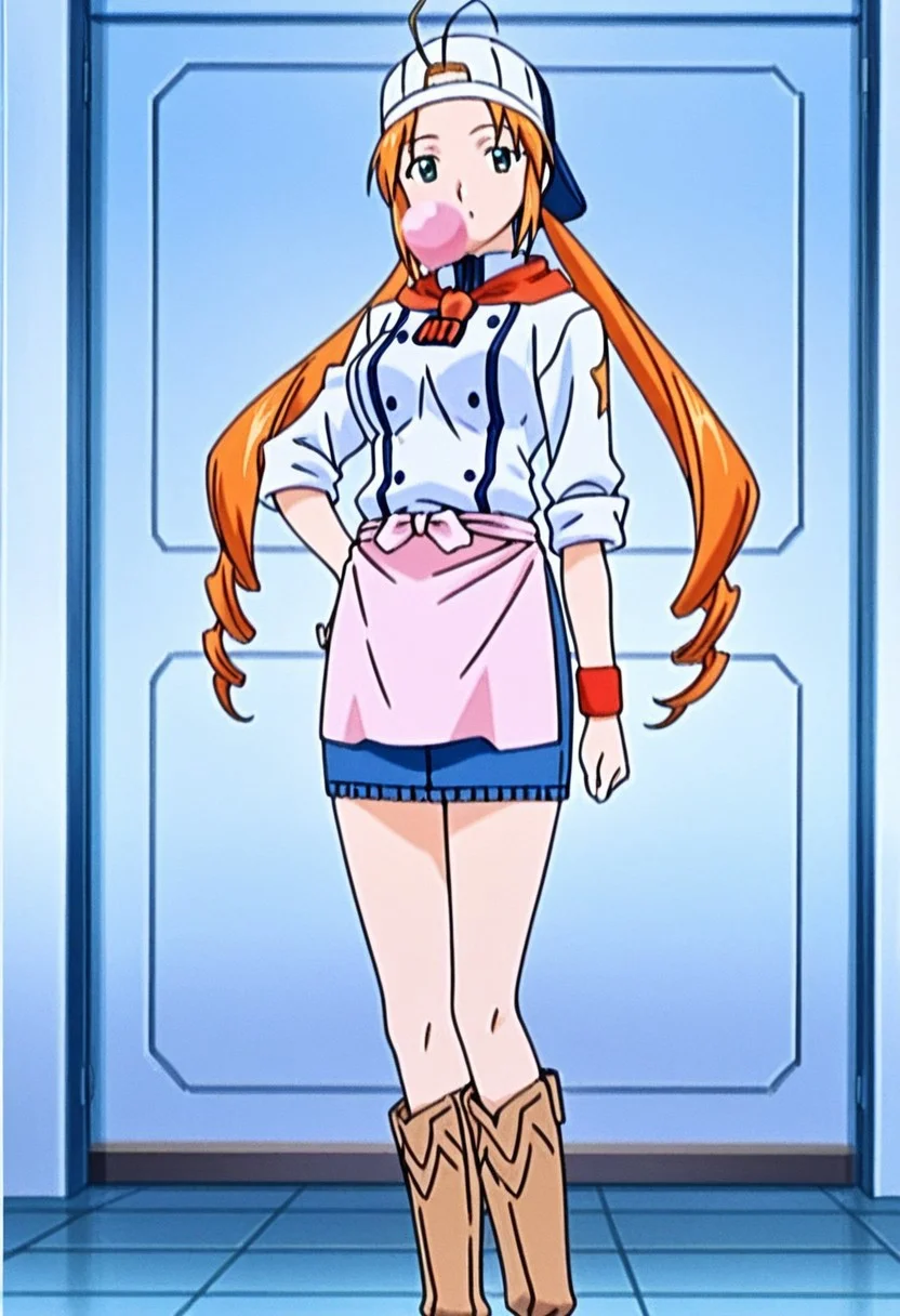 best quality, masterpiece, anime screencap, anime coloring, ultra detailed, source_anime, intricate details, perfect anatomy, looking at viewer, from front,
monica, 1girl, solo, long hair, ahoge, antenna hair, orange hair, drill hair, twintails, forehead,
chef, apron, confetti, wristband, skirt, waist apron, denim skirt, miniskirt, pencil skirt, sleeves rolled up, baseball cap, tiles, buttons, uniform, scarf tie, backwards hat, boots,
chewing gum, bubble blowing,