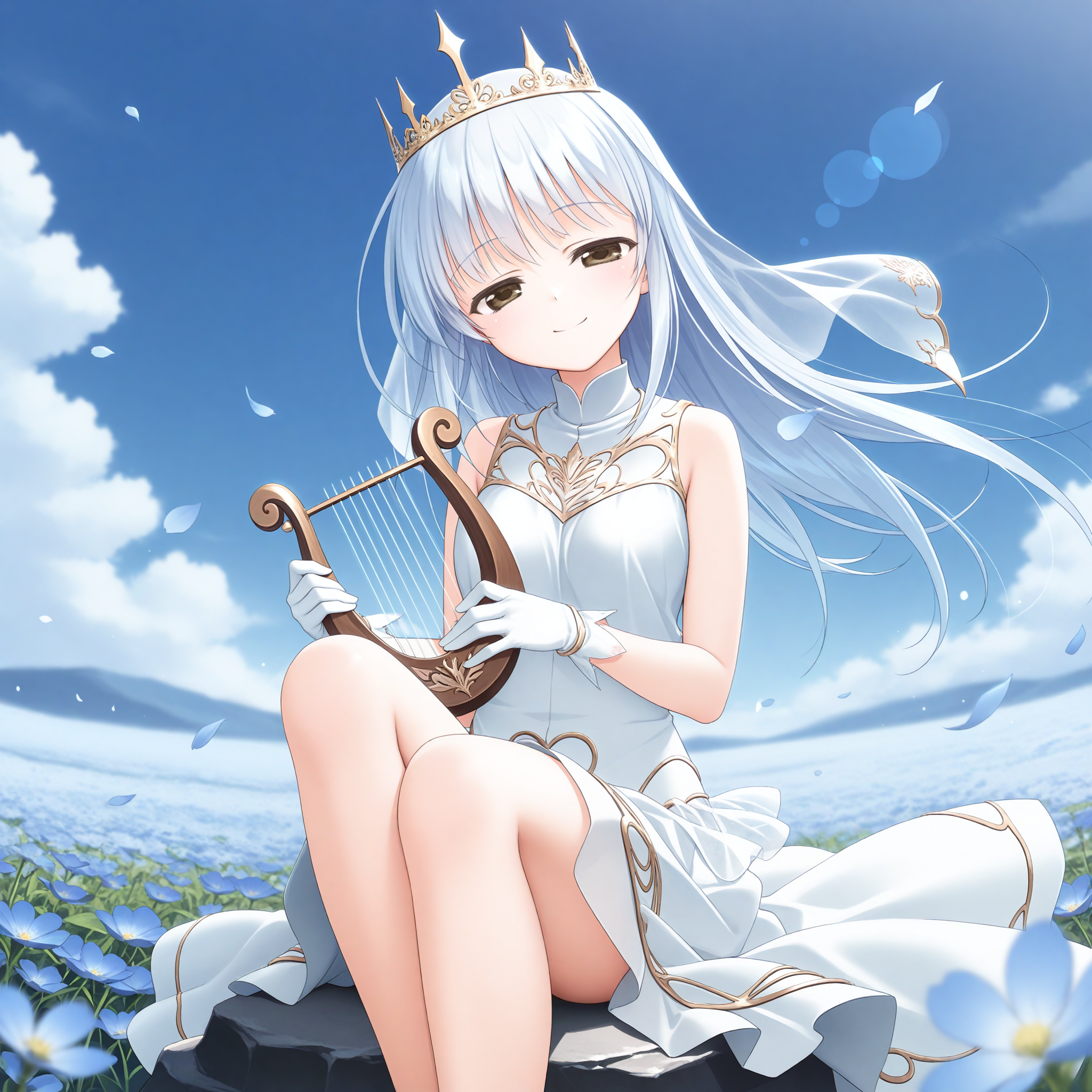 <lora:Sakura_no_Toki_art_n16c16_nai_Loha:1.4>,Sakura no Toki art,
<lora:Colette_Anastasia_1_nai:0.8>,Colette Anastasia,gold crown,bridal veil,white gloves,white dress,sleeveless dress,gold trim,1girl,solo,smile,front view,sitting,head tilt,knee up,legs together,on rock,harp,holding instrument,blue sky,depth of field,lens_flare,flower field,half-closed eyes,falling petals,blue flower,wind,floating hair,