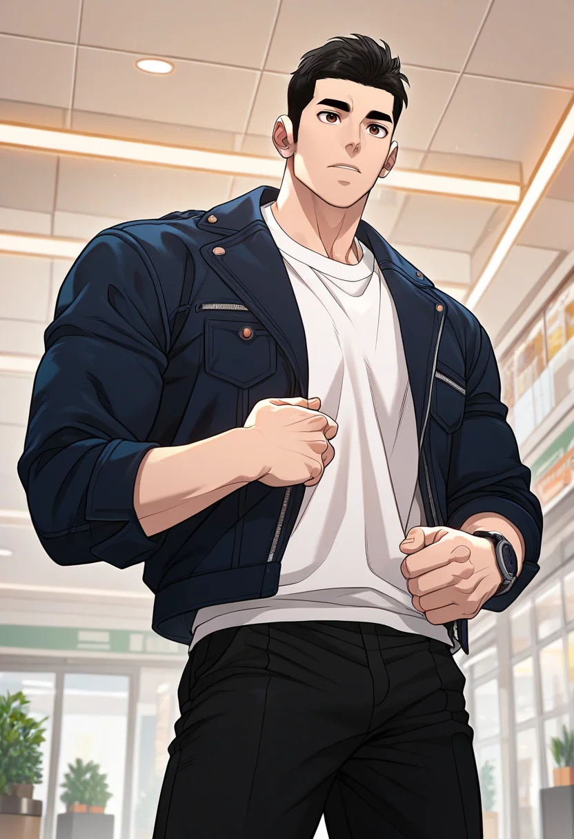 1boy, male focus, solo,
<lora:Character - Questism - Kang Sechan:1> kangsechan, black hair, brown eyes,
,((zPDXL)), score_9_up, score_8_up, score_7_up, score_6_up, score_5_up, score_4_up, best quality, amazing quality, best aesthetic, amazing aesthetic, absurdres, year2023, uncensored, very nsfw, official art, official style, detailed eye,
shoping mall,
cowboy shot, black jacket, white shirt, black pants, wristwatch,