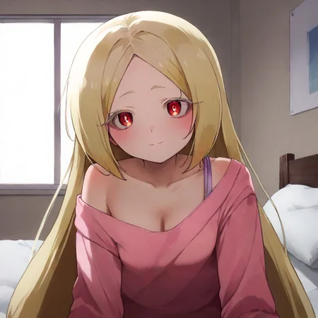 score_9, score_8_up, score_7_up, source_anime, 1girl, breasts, smile, solo, looking at viewer, shirt, indoors, off shoulder, cleavage, blush, pillow, closed mouth, on bed, collarbone, long sleeves, bed, pink shirt, single bare shoulder, bedroom, loose clothes, hand up, futon, bare shoulders, FlassoStyle, morino korisu, long hair, blonde hair, red eyes, very long hair, bright pupils, small breasts