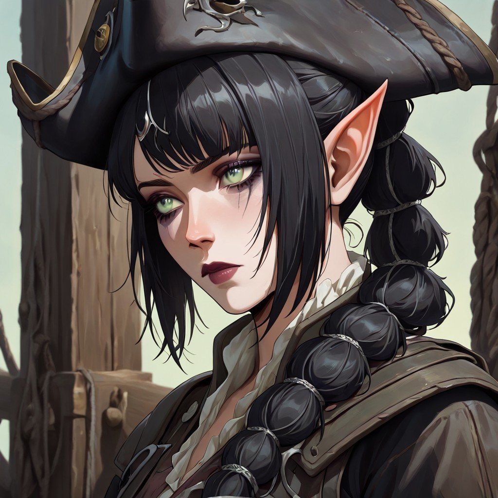masterpiece, best quality, newest, absurdres, highres, anime, anime style, PAV1.0IL, pirate, pirate hat, 
1girl, shadowheart \(baldur's gate\), long braid, elf, pointy ears, black hair, braid, side bangs, green eyes,