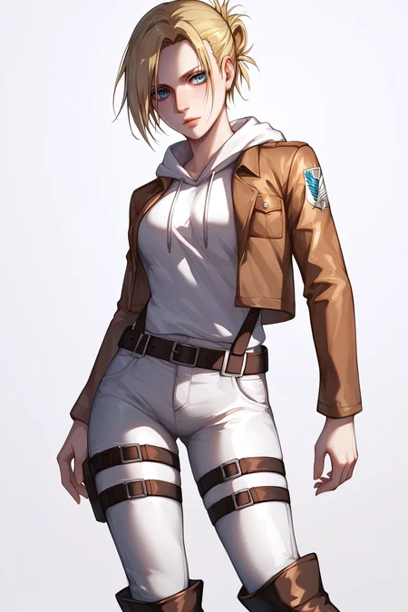 score_9, score_8_up, score_7_up, BREAK source_anime, <lora:annie leonhardt-PonyXL-lora-Faxtron:0.8> annie leonhardt, single hair bun, white hoodie, open cropped brown jacket, white pants, thigh strap, survey corps \(emblem\), knee boots,