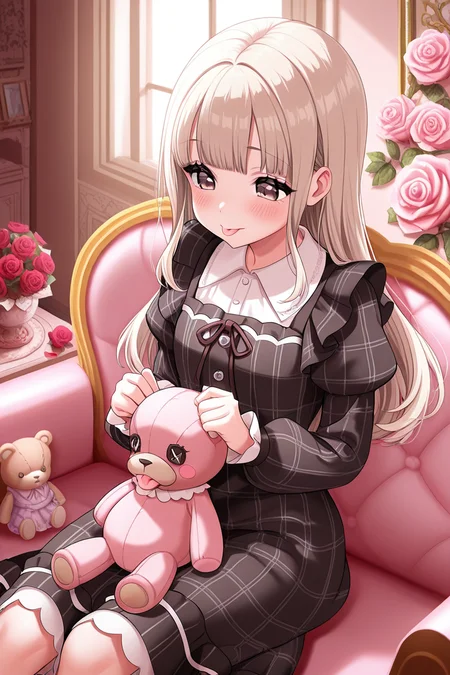 masterpiece, best quality, amazing quality,
 <lora:Kurumi_IL:1> kurumi, dress, long hair, bangs, tongue out, 1girl, long sleeves, tongue, collared dress, black dress, brown eyes, flower, puffy sleeves, rose, stuffed toy, sitting, indoors, blush, casual