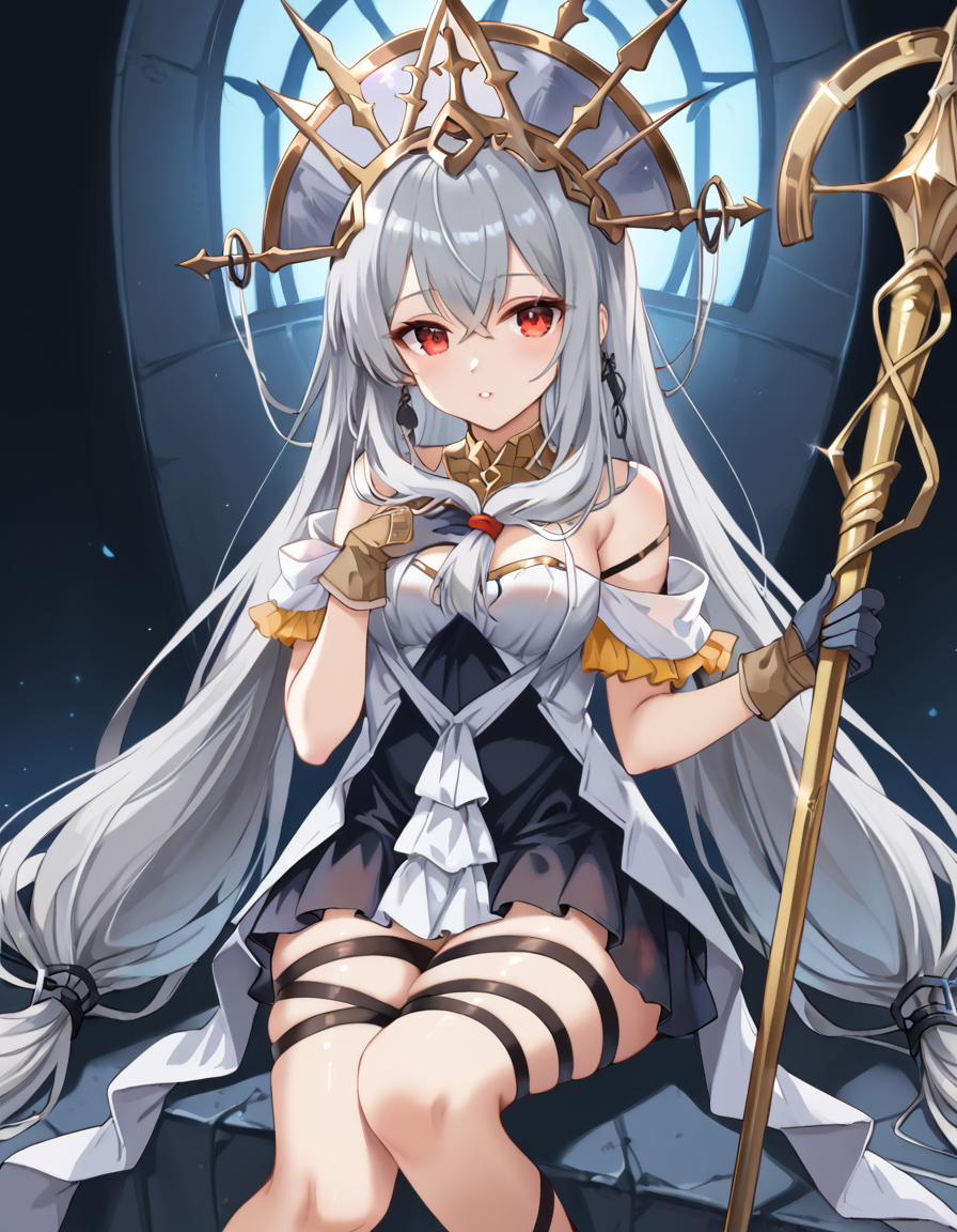 (masterpiece), (best quality), (ultra-detailed), Skalter, low twintails, very long hair, low-tied long hair, grey hair, red eyes BREAK, illustration, disheveled hair, detailed eyes, perfect composition, moist skin, intricate details, earrings, Volumetric Lighting, Skalter, low twintails, very long hair, low-tied long hair, grey hair, red eyes BREAK, light depth, dramatic atmospheric lighting, Volumetric Lighting, SBM,off-shoulder dress, two-tone dress, front ponytail, SBM phoenix crown, SBM staff, holding staff, SBM gloves, SBM leg ribbon, leg ribbons, SBM dress BREAK, looking at viewer, sitting, upper body, coastal,hand on chest