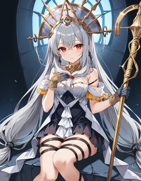 (masterpiece), (best quality), (ultra-detailed), Skalter, low twintails, very long hair, low-tied long hair, grey hair, red eyes BREAK, illustration, disheveled hair, detailed eyes, perfect composition, moist skin, intricate details, earrings, Volumetric Lighting, Skalter, low twintails, very long hair, low-tied long hair, grey hair, red eyes BREAK, light depth, dramatic atmospheric lighting, Volumetric Lighting, SBM,off-shoulder dress, two-tone dress, front ponytail, SBM phoenix crown, SBM staff, holding staff, SBM gloves, SBM leg ribbon, leg ribbons, SBM dress BREAK, looking at viewer, sitting, upper body, coastal,hand on chest