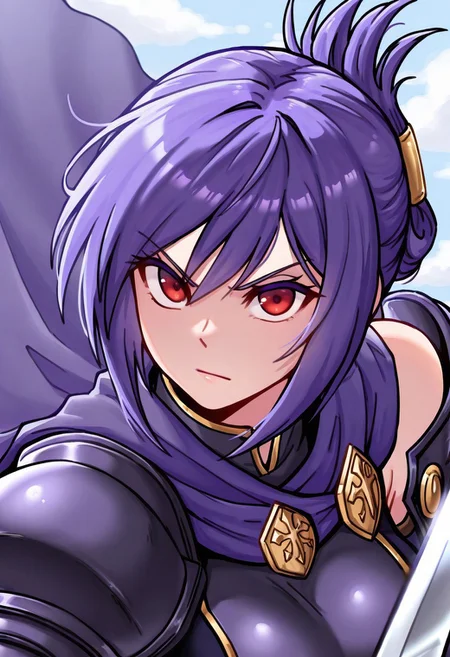 best quality, masterpiece, sfw,
n0m0, non_nya_nya_style,
close-up shot, view from aside,
solo, holding sword, dynamic fighting pose,
1girl,
sabia, human, purple hair, red eyes, folded ponytail,
armor, single shoulder armor, cape, single bare shoulder, clothed,
large breasts,
looking at viewer, closed mouth,