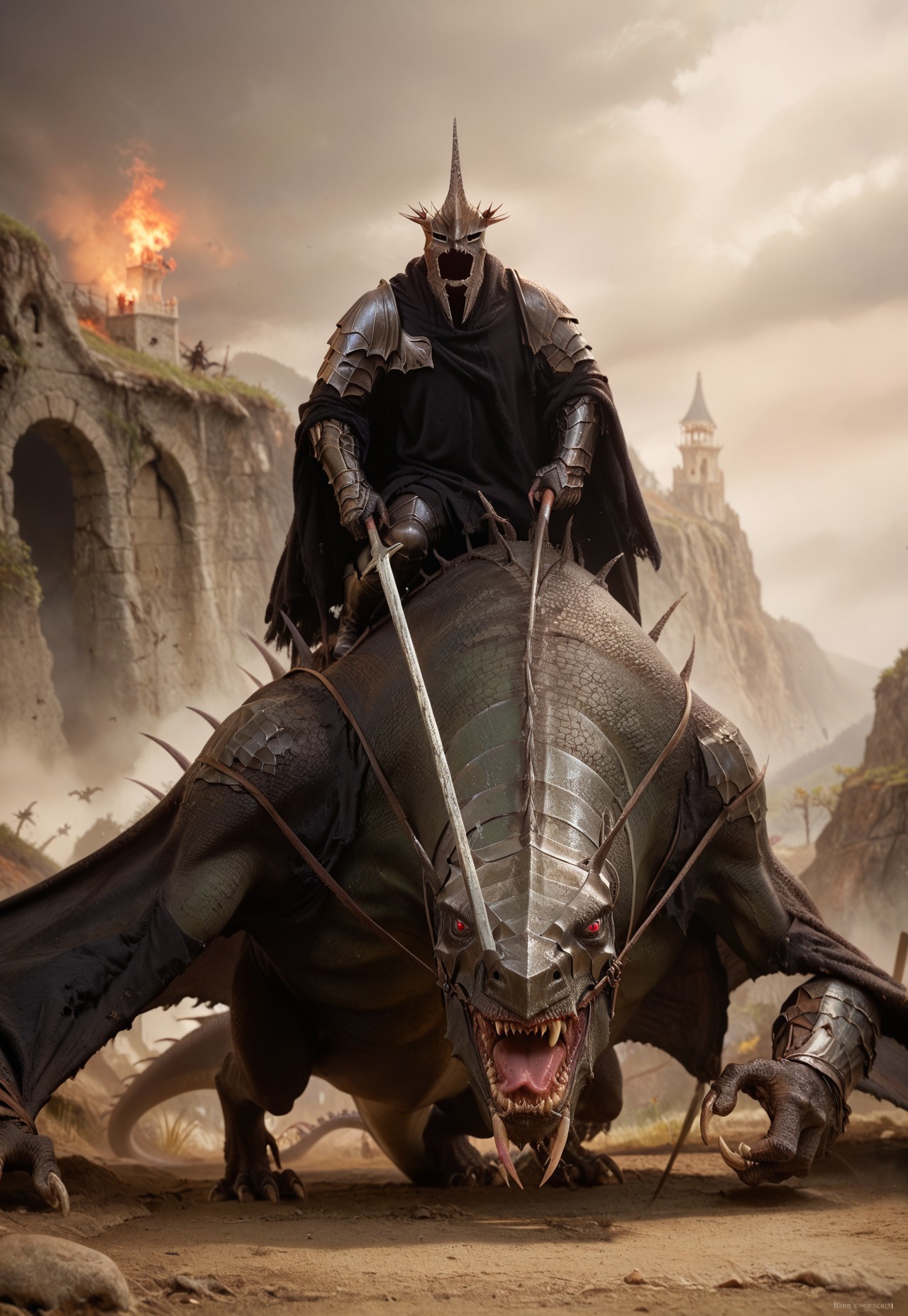 Score_9, score_8_up, score_7_up, Witch King
masked warrior,
full armor,
black cloak,
shredded clothing, full body, riding dragon, fell beast, riding fell beast, mounting dragon