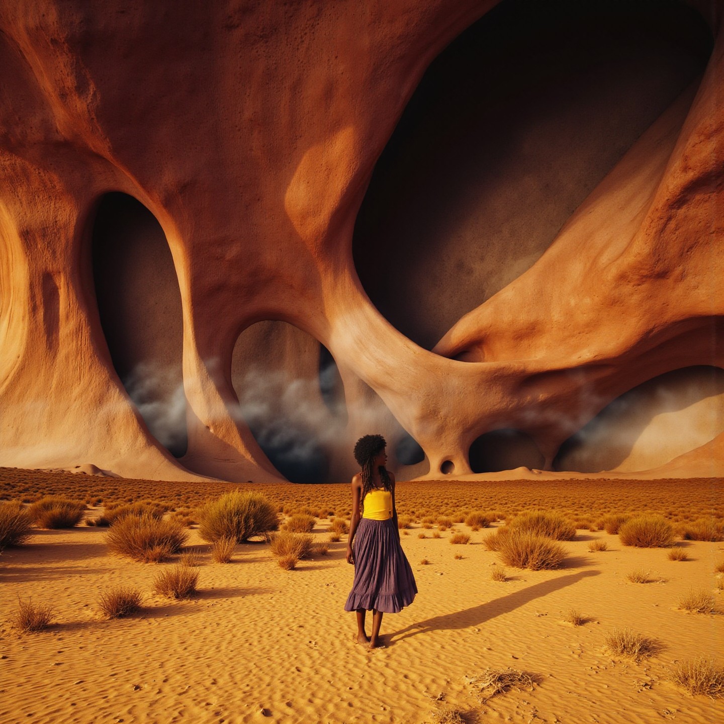 <lora:Florate Flux_v2_epoch_3:0.9> A hot French stretched Surrealism photograph  of saddlebrown and sand and Manganese Violet scene with many soft curved projections in contrasting shades. stormy sandy desert landscape. African woman. People, animals and characters are elongated.