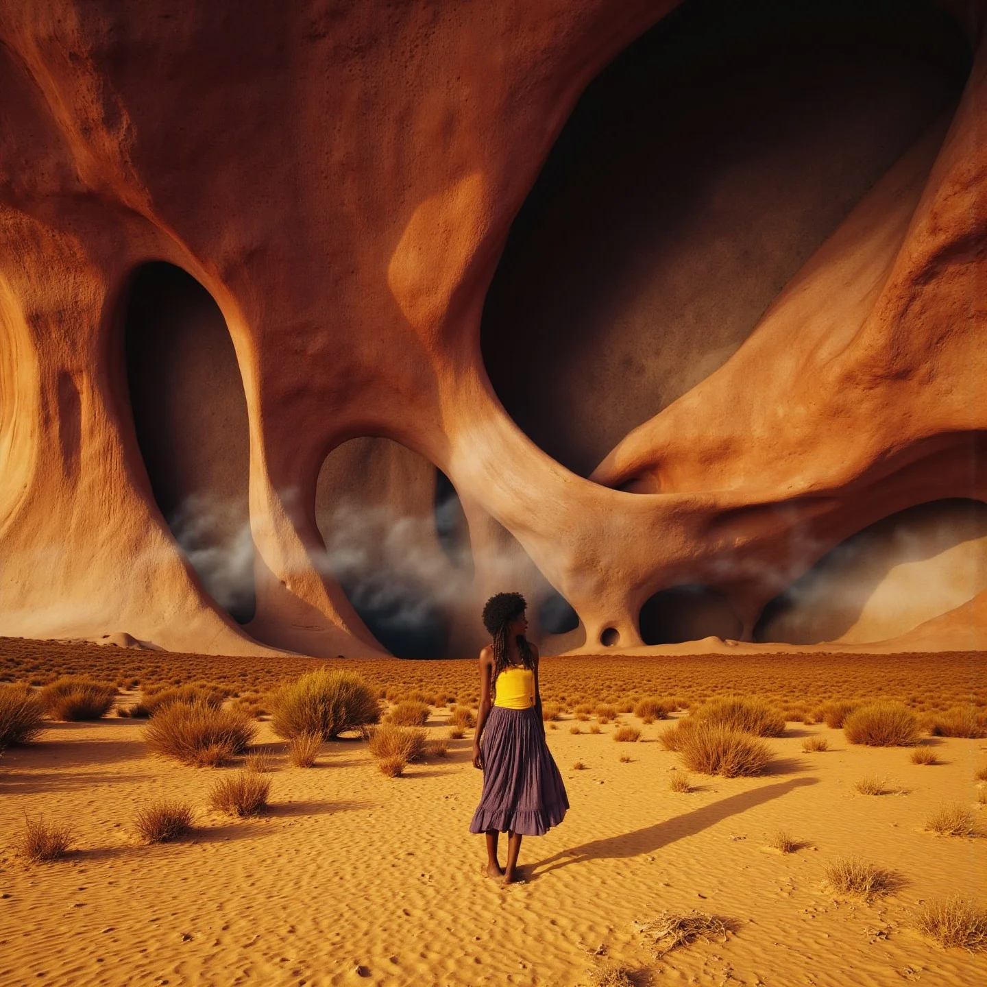 <lora:Florate Flux_v2_epoch_3:0.9> A hot French stretched Surrealism photograph of saddlebrown and sand and Manganese Violet scene with many soft curved projections in contrasting shades. stormy sandy desert landscape. African woman. People, animals and characters are elongated.