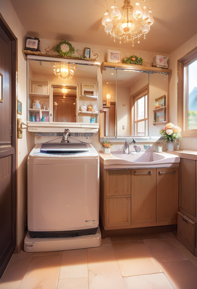 score_9, score_8_up, score_7_up, rating_safe, masterpiece, best quality, absurdres, unity 8k wallpaper, official art, official style, source_anime, uncensored, game cg, megami magazine,
JML2, sink, scenery, door, faucet, indoors, mirror, cabinet, laundry, washing machine
 <lora:JP_Senmenjyo_PONY_V2:1>