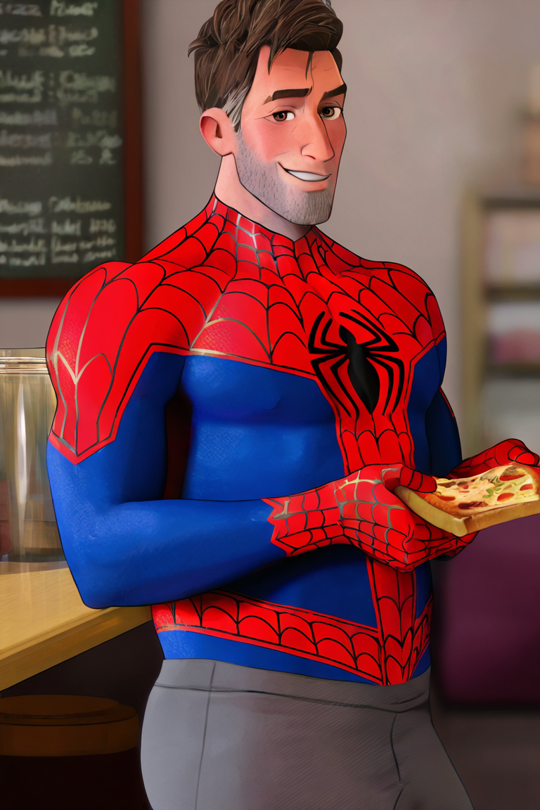 masterpiece, best quality, highres, newest, peterbparker, spider-man, 1boy, solo, male focus, mature male, short hair, brown hair, multicolored hair, brown eyes, thick eyebrows, facial hair, stubble, print bodysuit, spider web print, spider print, red bodysuit, blue bodysuit, two-tone bodysuit, grey pants, looking at viewer, smile, standing, cowboy shot, food, holding pizza, pizza slice, indoors, cafe <lora:Spider-Man (Peter B. Parker) v1.1 Updated [LoRA] - NoobAI-XL EPS 1.0:0.8>