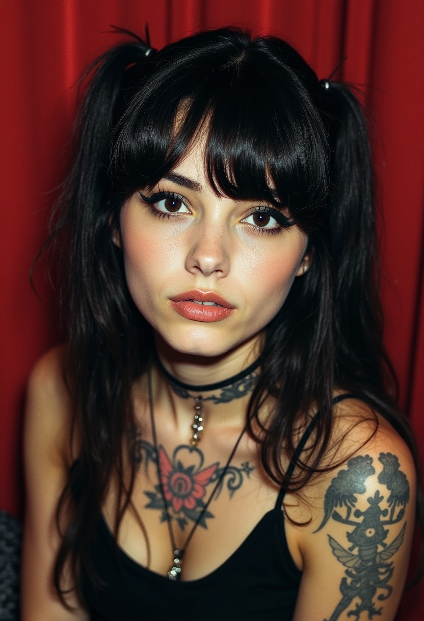 a beautiful female college student goth, 1986, vintage Photobooth, detailed facial features, makeup, wearing eyeliner, scene hair, teased hair, tattoos, artsy, emo, found footage, Montreal, low resolution, quality, grainy effect, natural, imperfections, film grain, <lora:amateurphoto-version5-gm:0.3>