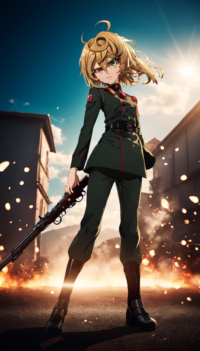 cinematic photo Cinematic scene, hero view, Tanya Degurechaff, Youjo Senki <lora:tanya_degurechaff_xl_v5:1>, action pose, masterpiece, best quality, high quality, highres, absurdres  . 35mm photograph, film, bokeh, professional, 4k, highly detailed