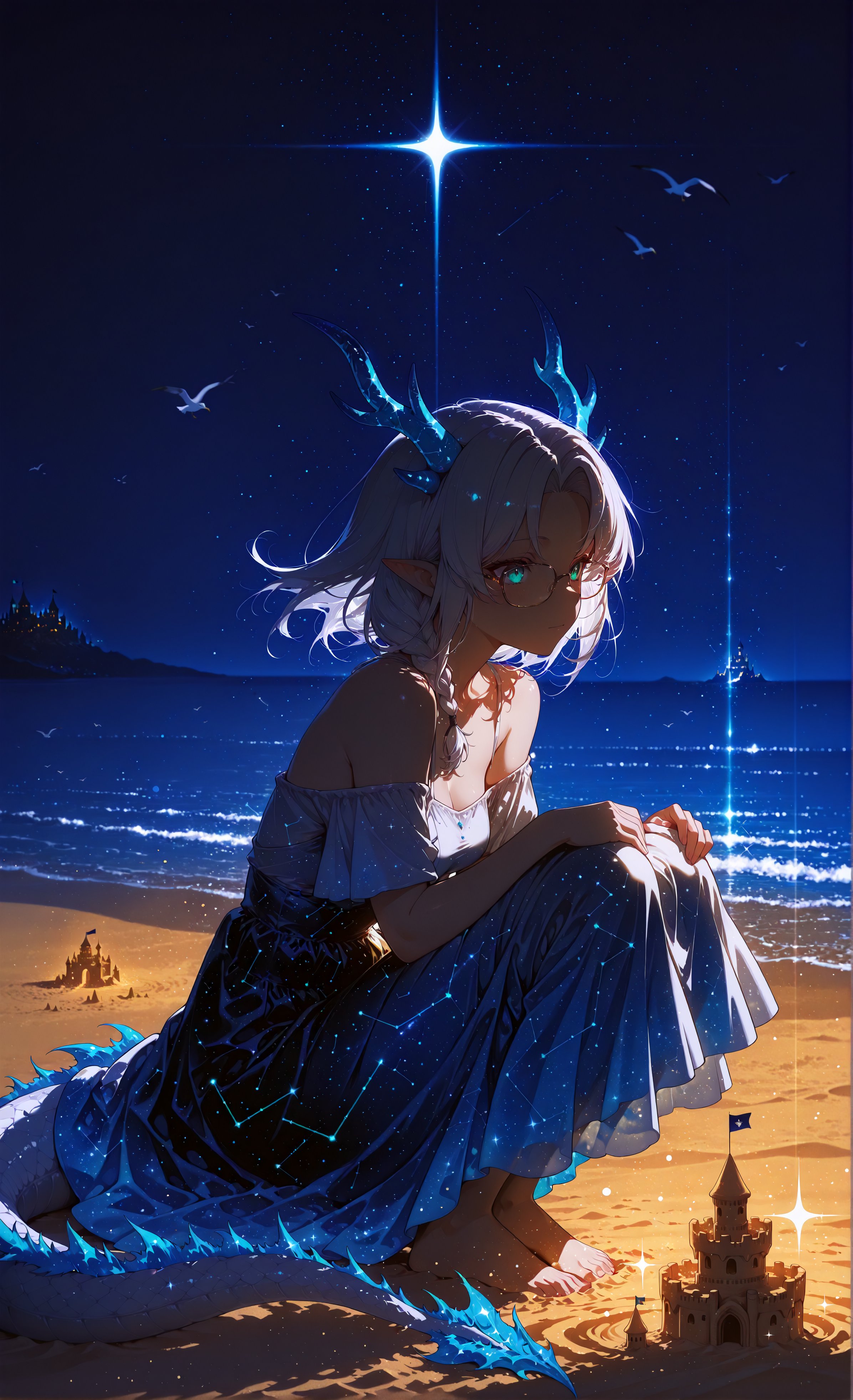 masterpiece, sharp detail, intricate detail, 1girl, (sha \(siasha0104\)), floating hair, mature female, dragon girl, white dragon tail, white dragon horns, white hair, black tips, medium hair, curtained hair, side braid, glasses, pointy ears, aqua eyes, small breasts, ink art, summer dress, bare shoulders, short sleeves, off shoulder, white dress, constellation print dress, inner skirt starry print, golden theme clothes, golden lines, gradient dress, from side, bare foot, sand, ocean, seagulls, lens flare, color splash, neon palette, sitting on sand, holding own knees, blue background, gradient background, off-shoulder dress, huge sand castle, chiaroscuro, volumetric lighting, dappled light, dramatic shadows, cinematic lighting, detailed background, light and shadow contrast, <lora:aboba_prime_3:0.8> <lora:Bright_style:0.6> Bright_illu, sparkle, <lora:darkness_xl_v20:0.5>